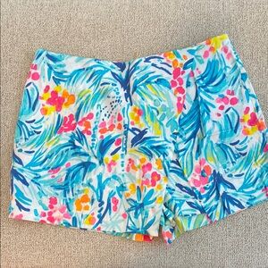 Lilly Pulitzer Tropical Floral Palm Print Shorts in Blue, Pink, Yellow